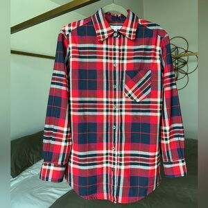 Trina Turk Red Plaid Button Down Blouse M | Preppy Fall Chic w/ Pleated Back